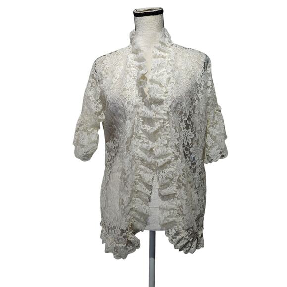 Vintage Women's Sz M Lady Cameo Ivory Lace Bed Jacket Short Robe Ruffle Trim - Picture 1 of 7